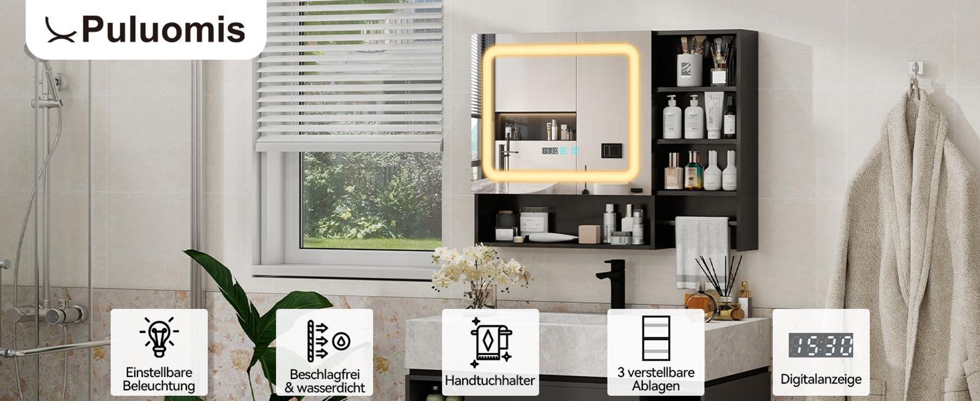 Puluomis Spiegelschrank Bad 80cm mit 3 färbiger dimmbarer Beleuchtung, Digitaler Uhr Handtuchhalter Antibeschlag Badezimmerschrank Wandschrank schwarz