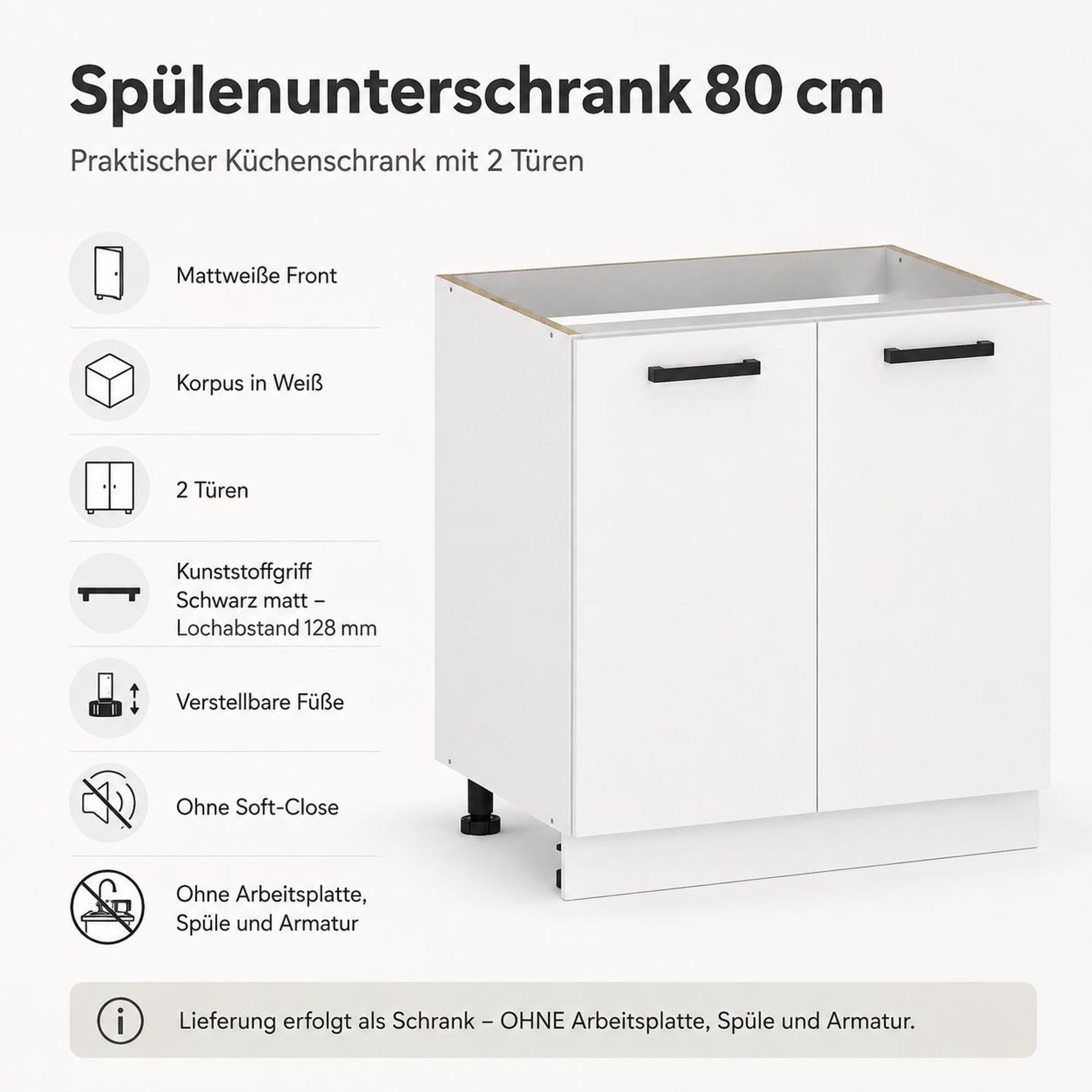 Spülenunterschrank 80 cm Weiß Matt: 2 Türen, schwarze Griffe & verstellbare Füße.