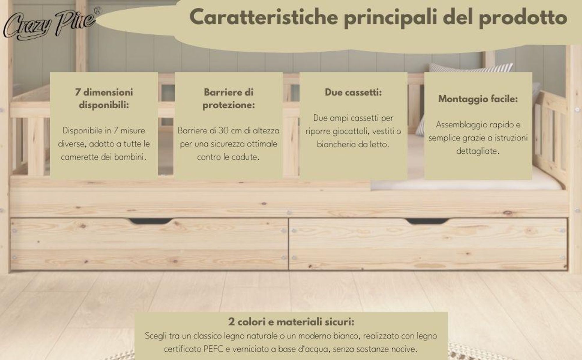 Crazy Pine Letto a Casetta Bianco con Cassetto 90x190 cm – Letto Montessori da Pavimento in Legno – Contenitore Integrato – Crazy Blanco