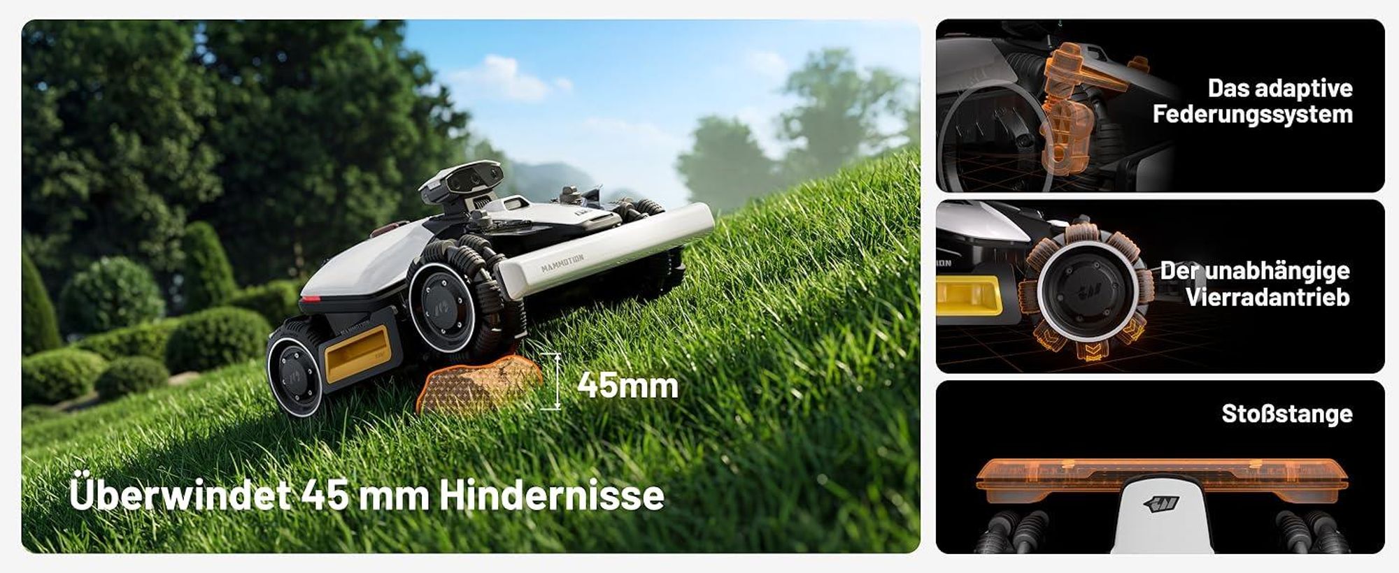 Mähroboter Mammotion LUBA Mini 2 AWD 1000 mit Garage, Waschständer, ohne Kabel, bis 1000 m², Randmähen, DropMow, Auto-Kartierung, 4G-Modul, APP