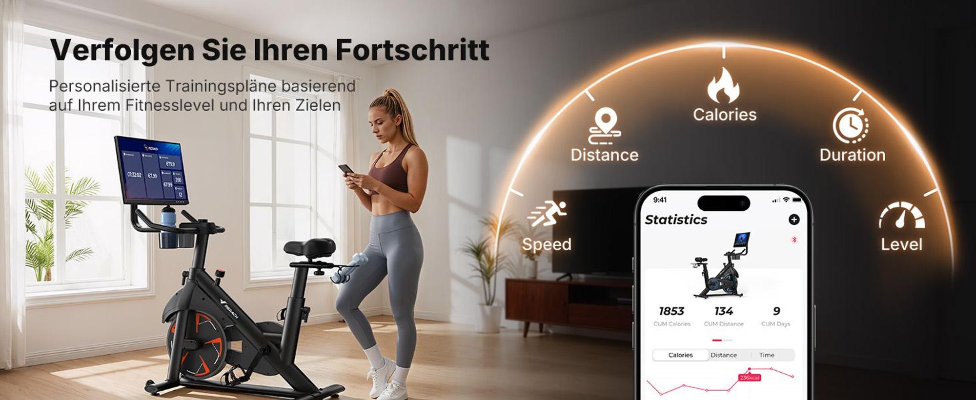MERACH Heimtrainer mit 21,5-Zoll-HD-Bildschirm, 16 automatischer Magnetwiderstand, dreh- und neigbarem Display, App-Kompatibilität, bis 150 kg