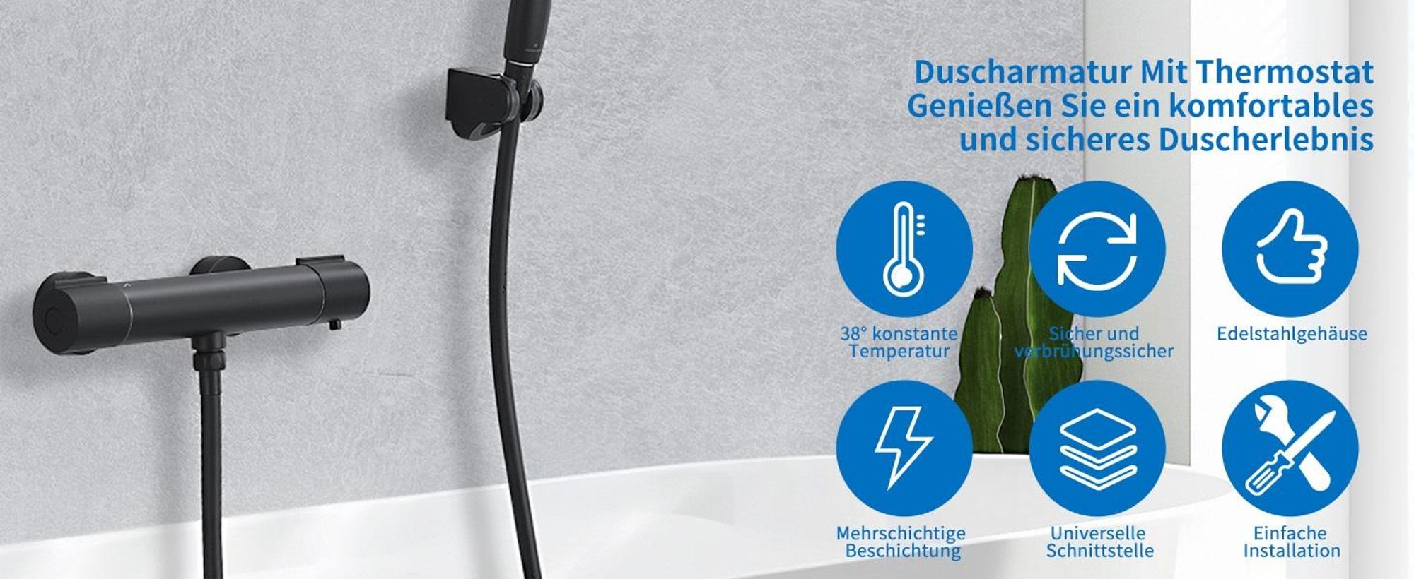Duscharmatur mit Thermostat,Schwarz Mischbatterie Dusche mit 38°C Sicherheitstaste,Duschthermostat Armatur Edelstahl,Duscharmaturen Brausethermostat