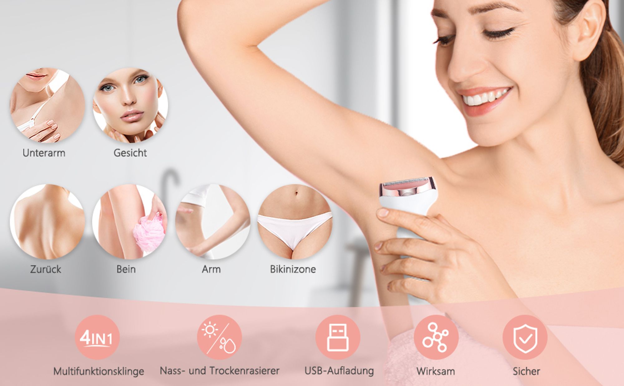 Elektrischer Rasierer für Frauen, 4-In-1 Elektrischer Damenrasierer, Schmerzfreier Intimrasierer, USB-Aufladung