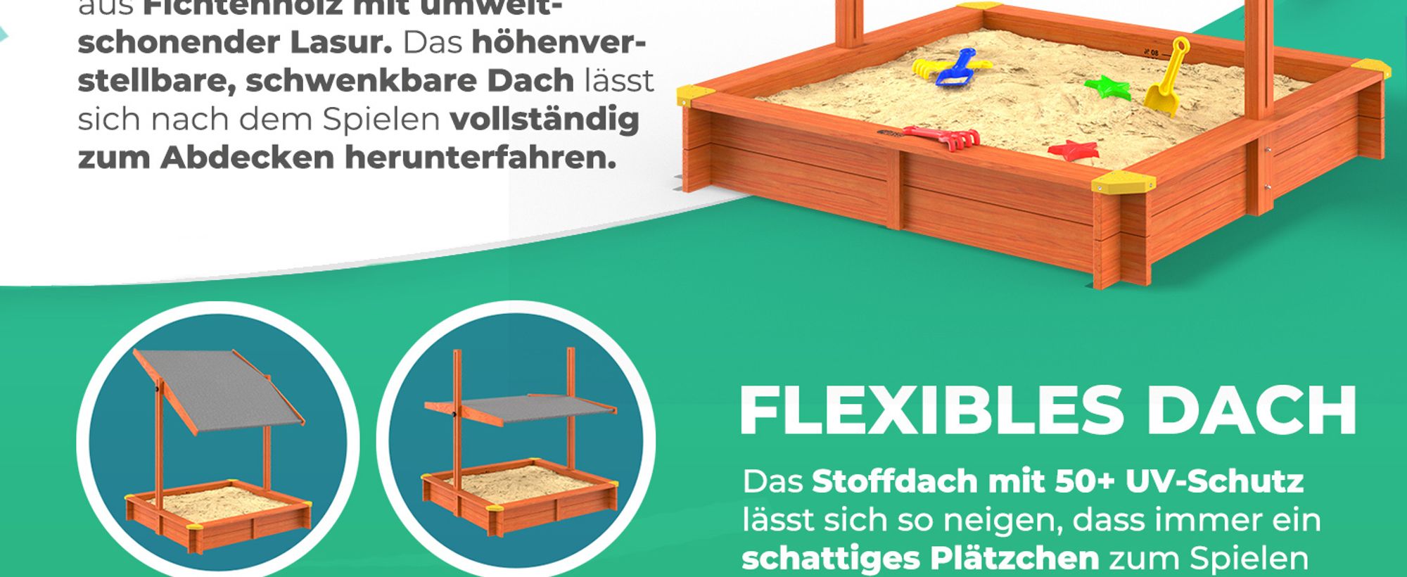 SPIELWERK® Sandkasten Sami Sonnendach 120x120cm imprägniertes Holz Füllstand Skala UV 50+ Kantenschutz Bodenvlies Sandspielzeug Kinder Sandbox Sandkiste