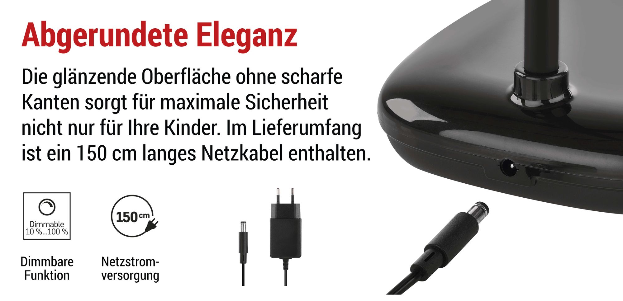 EMOS LED Tischlampe MOLLY 12W, Helligkeit 650lm, dimmbar, einstellbare Lichtfarbe, flexibler Lampenarm, 1,5m Ladekabel + Netzadapter, schwarz, Z7638B