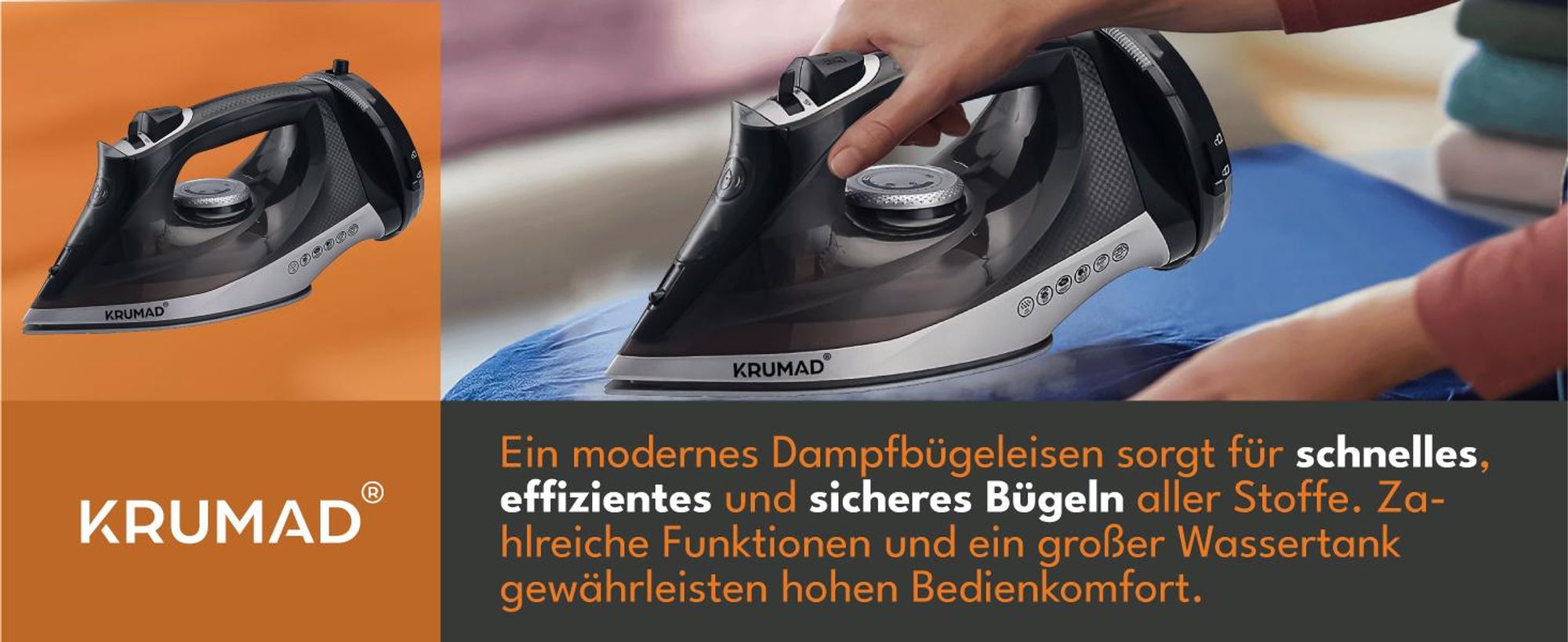 KRUMAD Dampfbügeleisen 2600W, kabellos & kabelgebunden – Keramiksohle mit 34 Dampflöchern, 330 ml Tank – Dampfstoß, Sprühfunktion, Anti-Kalk