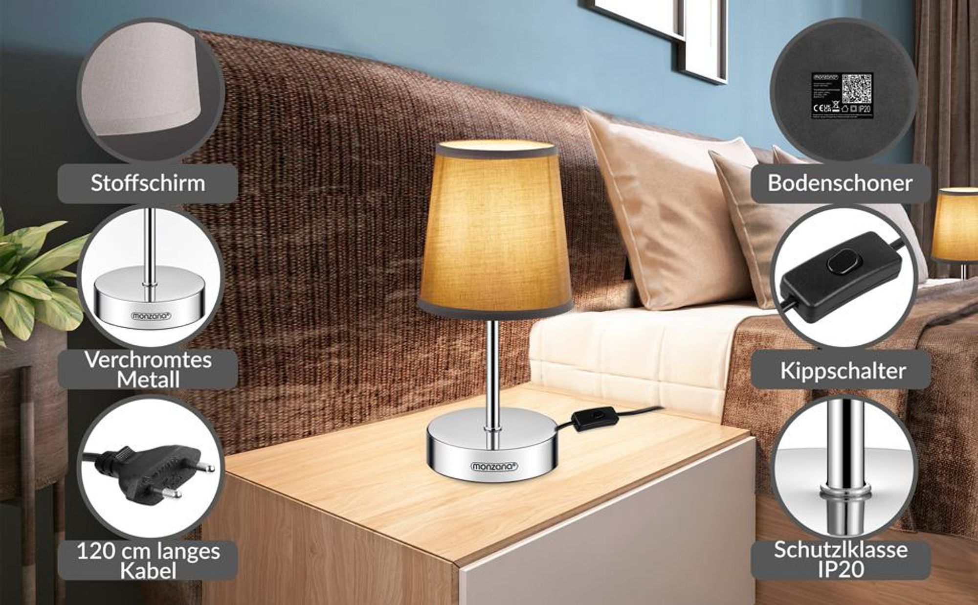 MONZANA Nachttischlampe 2er Set, Tischlampe mit Kabel, 32 cm Taupe