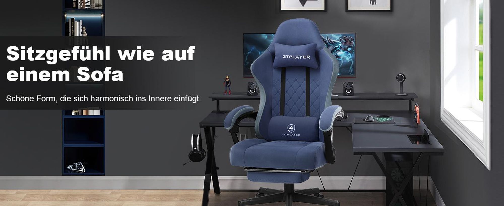 Fotel gamingowy GTPLAYER Ergonomiczny fotel gamingowy Fotel do biurka Fotel wyścigowy dla graczy PC z materiałową powierzchnią, poduszką siedziska z pierza, łączonymi podłokietnikami, z podnóżkiem, nośność do 153 kg