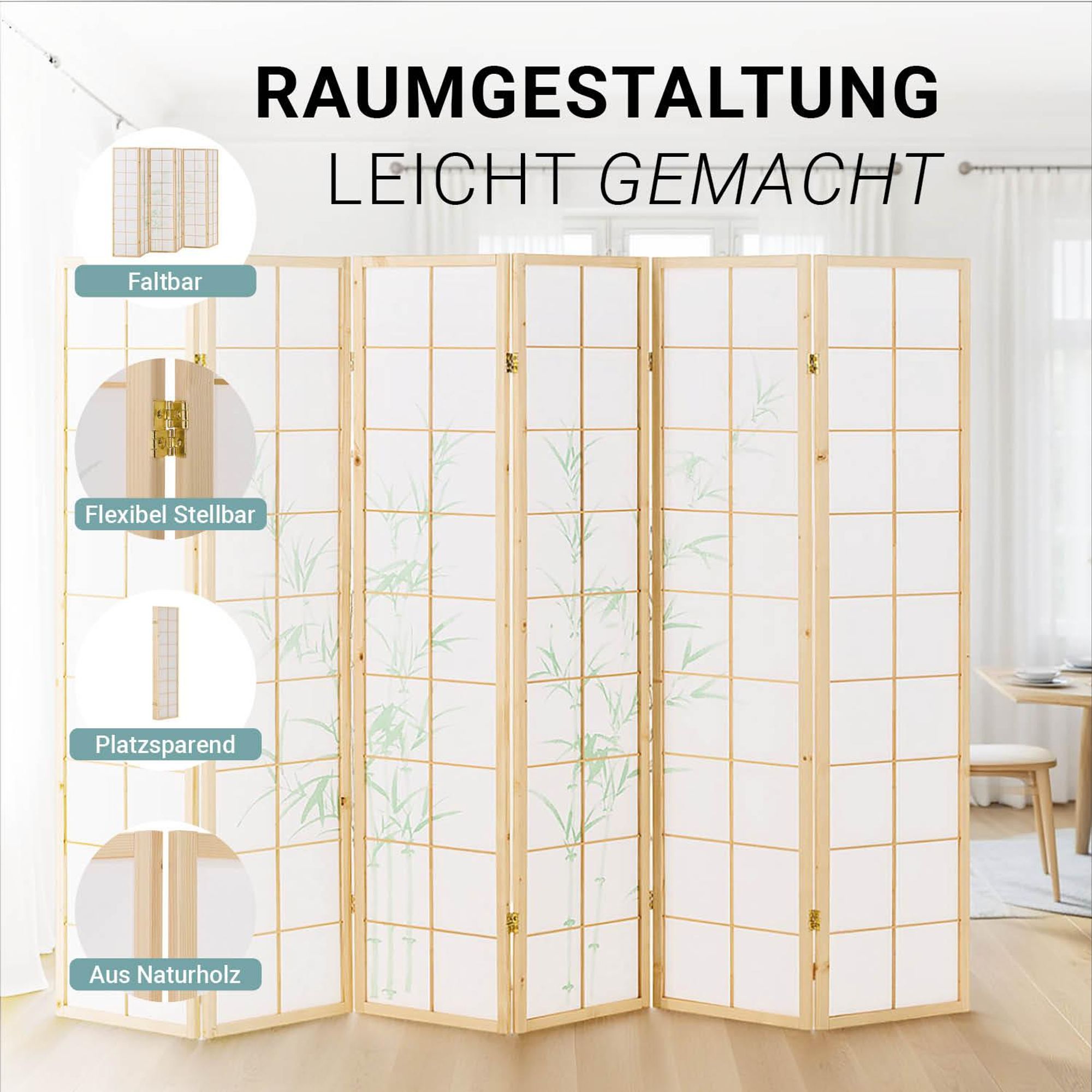 Der Sichtschutz besteht aus Naturholz und ist faltbar und platzsparend.