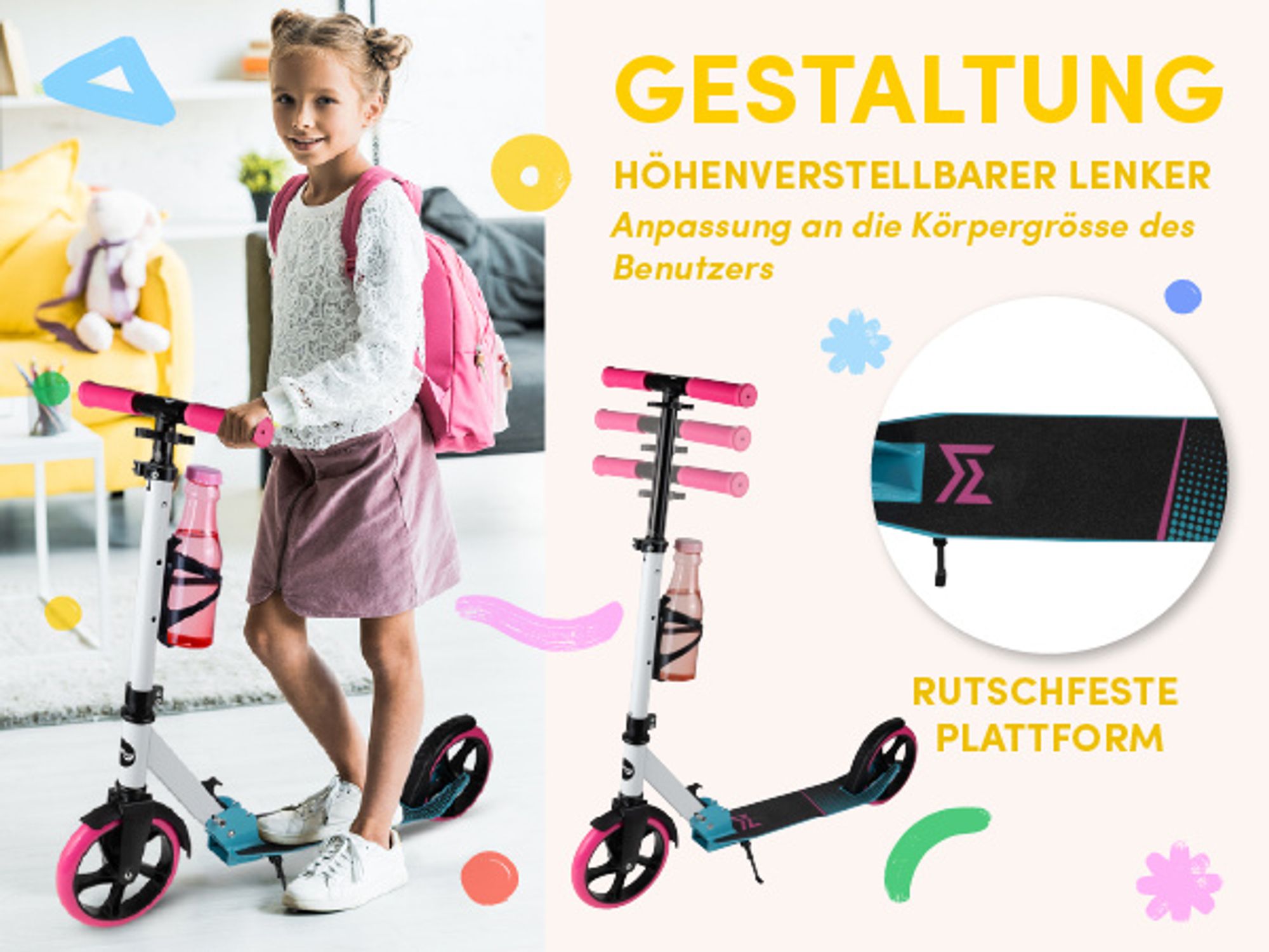 Roller Cityroller für Kinder mit Tragegurt, Bremsen und Flaschenhalter