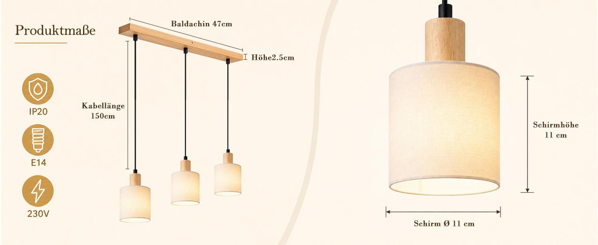 ZMH Hanglamp, houten eettafel lamp, 3-licht, vintage hanglamp met stoffen kap, E14, hanglamp voor woonkamer, restaurant, slaapkamer, keuken, wit