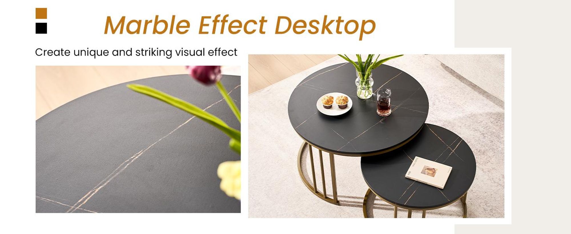 CLIPOP Couchtisch 2er Set Rund mit Marmoroptik, Metallgestell Gold Beistelltisch für Wohnzimmer Ø70+50cm, Schwarz