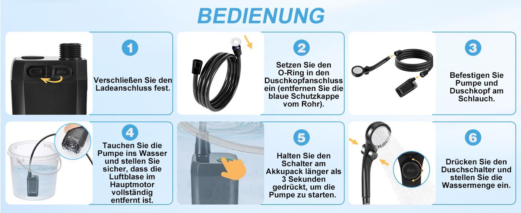 Tragbare Campingdusche, Camping Dusche Outdoor, 6000mah Akku, mit Pumpe und Eimer, Mobile Duschen mit Duschkopf und Schlauch,für Camping Reisen Garten
