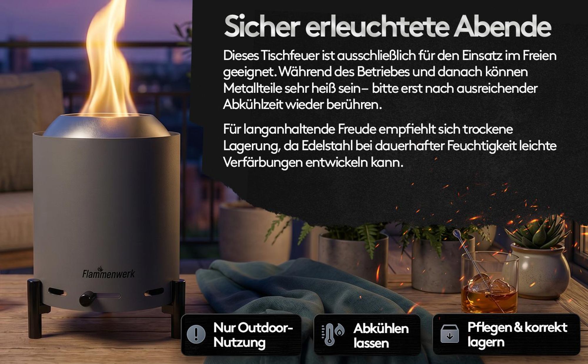 Raucharmes Tischfeuer, Tischkamin Outdoor für Pellets & Holz – Outdoor-Tischfeuer 360° Luftregulierung– Perfekt für Balkon, Terrasse & Camping