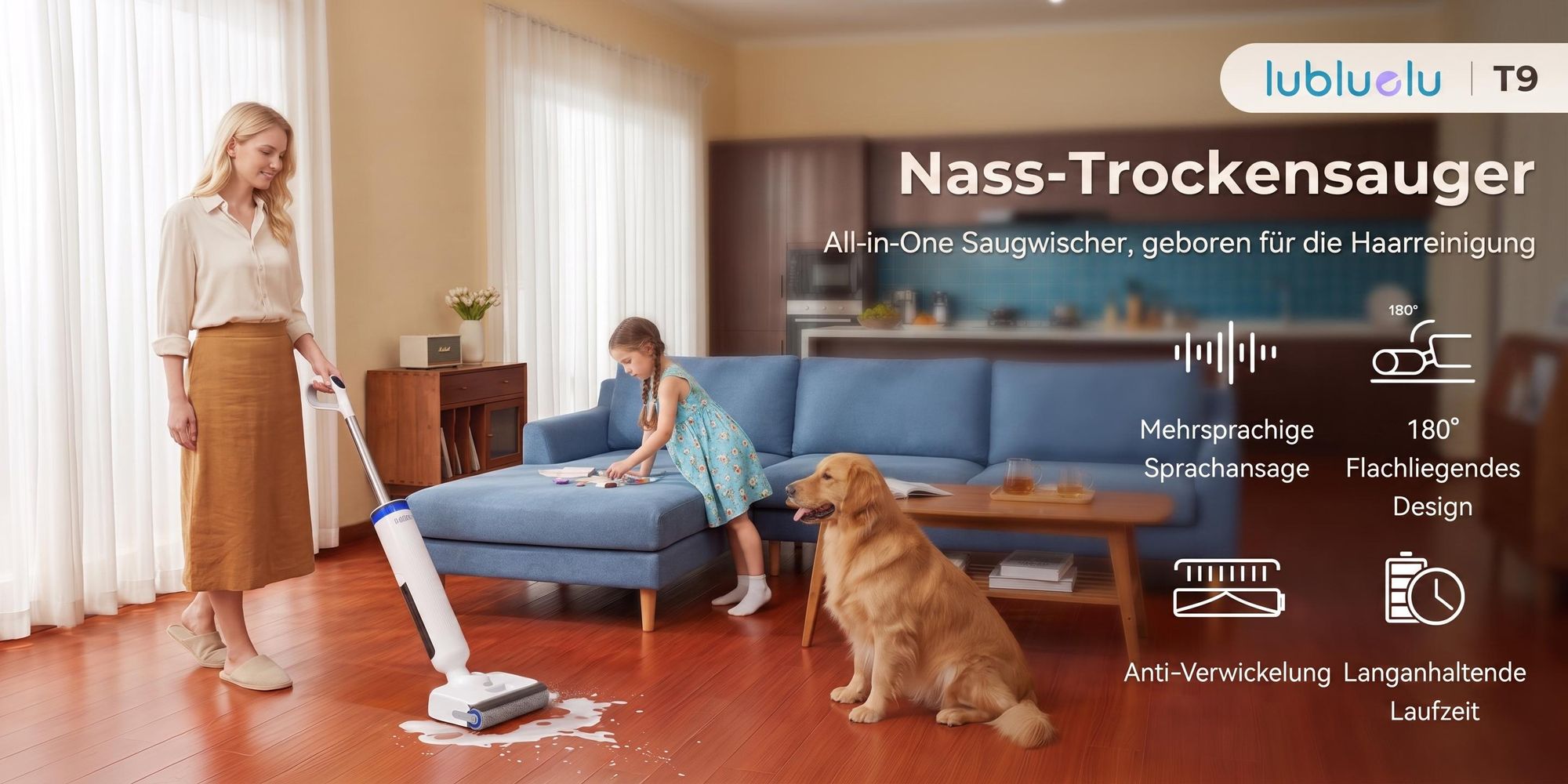 Lubluelu T9 Akku Wischsauger Nass- und Trockensauger mit Wischfunktion, Hartbodenreiniger 21000Pa, 180° flach liegend, 45 Min Laufzeit Selbstreinigung