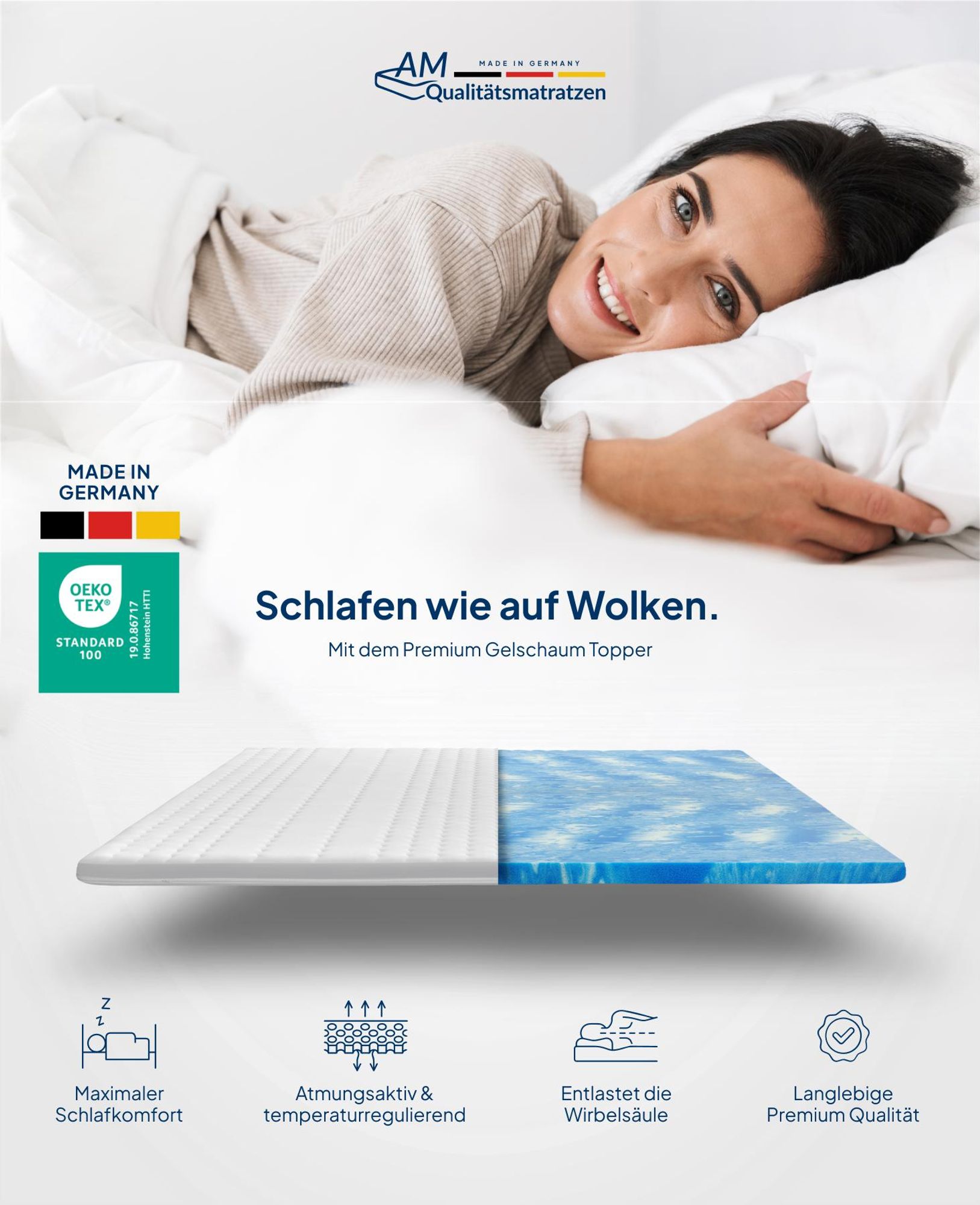 AM Qualitätsmatratzen | Topper z gelové peny Premium | 140x190 cm | výška 6 cm | Topper na matraci | 140/190 | Gelový topper