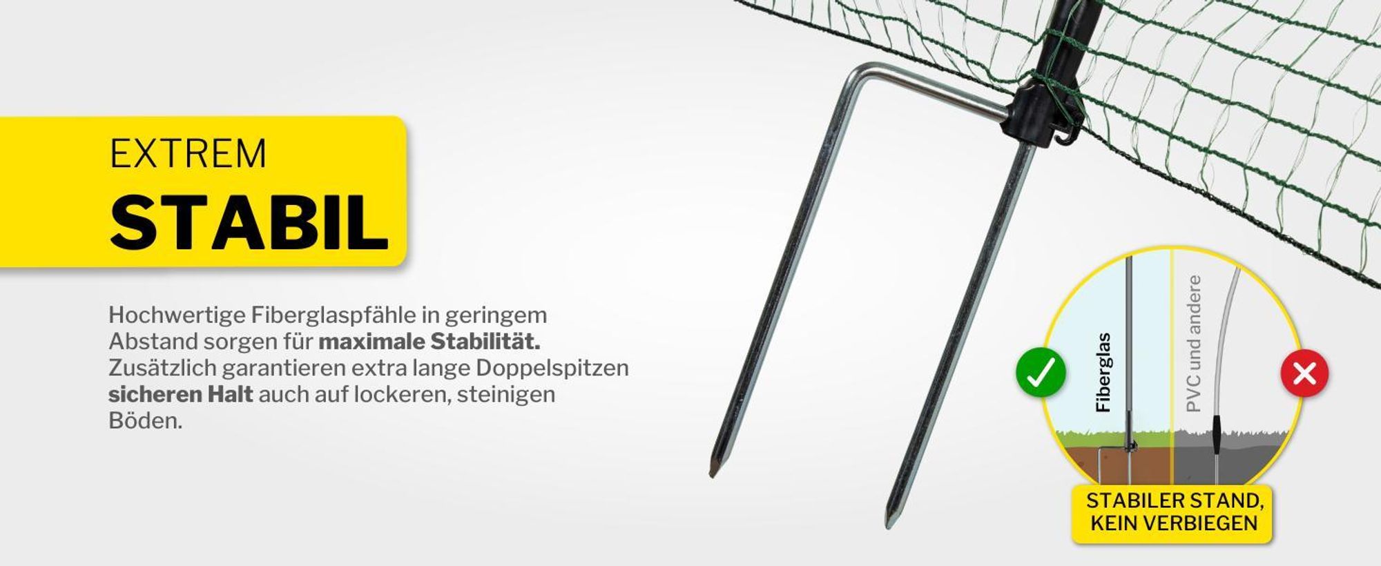 horizont Hundezaun 15 m x 90 cm, 9 Pfähle mit Doppelspitze, engmaschig – Begrenzungszaun FIX – Gartenzaun zum Stecken, Weidezaun, Hühnerzaun – Mobiler Zaun für Hunde & Camping 15m