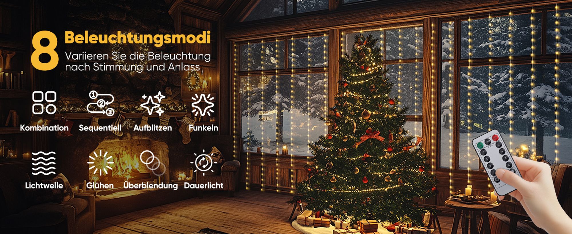 Salcar LED Lichterkette Lichtervorhang 2X2 m 200 LED Lichterkette Weihnachten USB mit Fernbedienung Timer 8 Modi für Fenster Hochzeit Party Deko