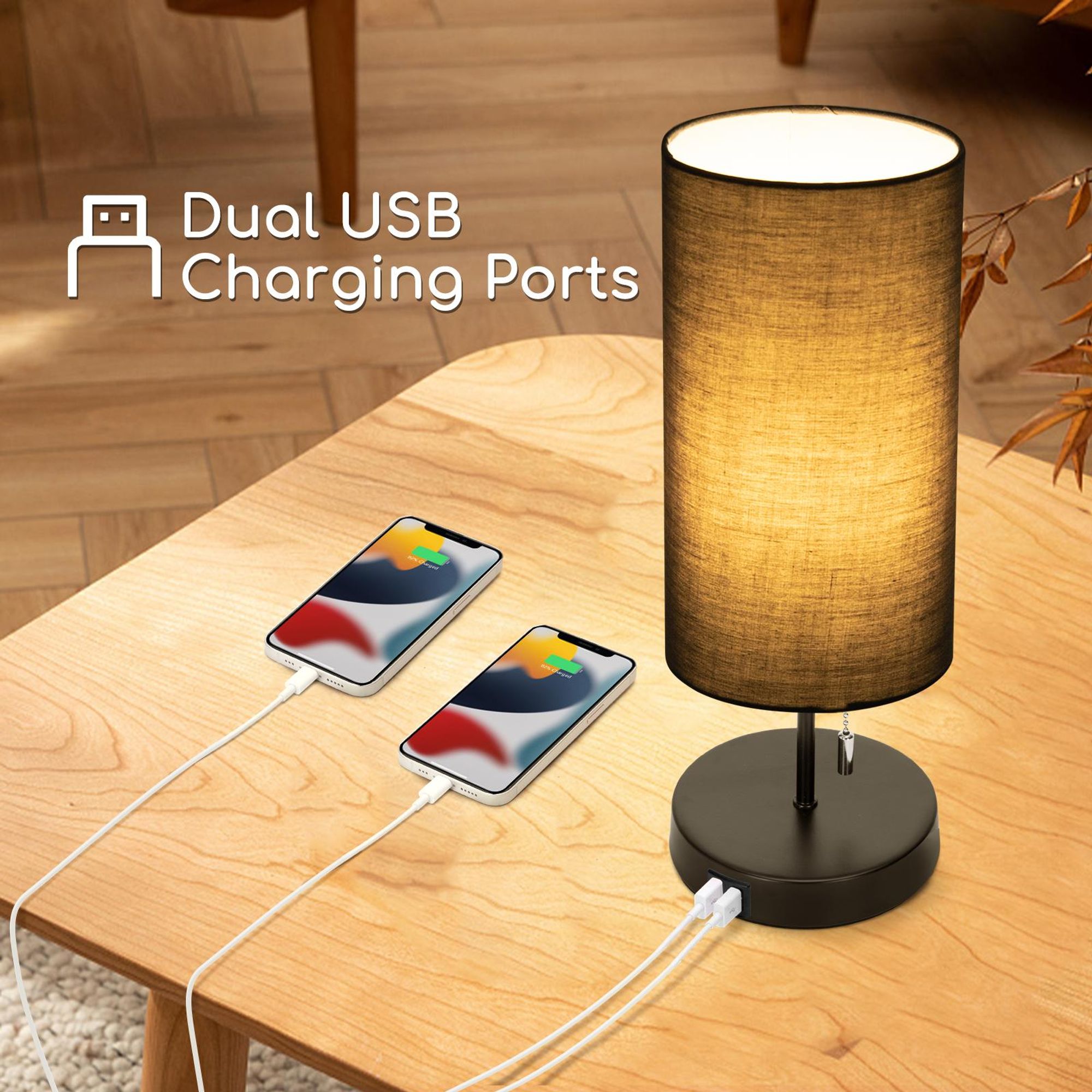 Aigostar Nachttischlampe mit 2 USB-Ladeanschlüssen, E27 Tischlampe mit Zugschalter, Metall Basis, Modern Tischleuchte, Grau