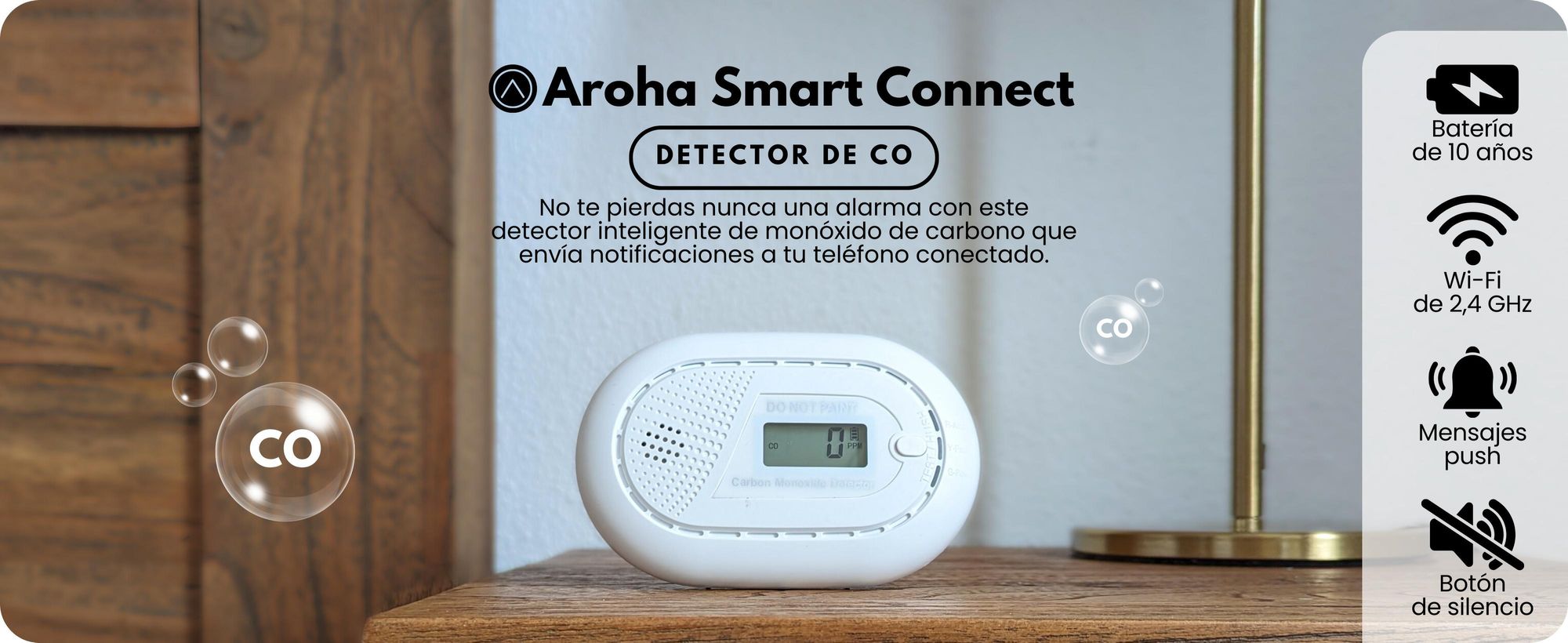 Detector de monóxido de carbono Aroha Smart Connect, conexión Wi-Fi, batería de 10 años. Detector de CO inteligente con aplicación Tuya y Smartlife, ideal para vehículos recreativos. Juego de 1 unidad