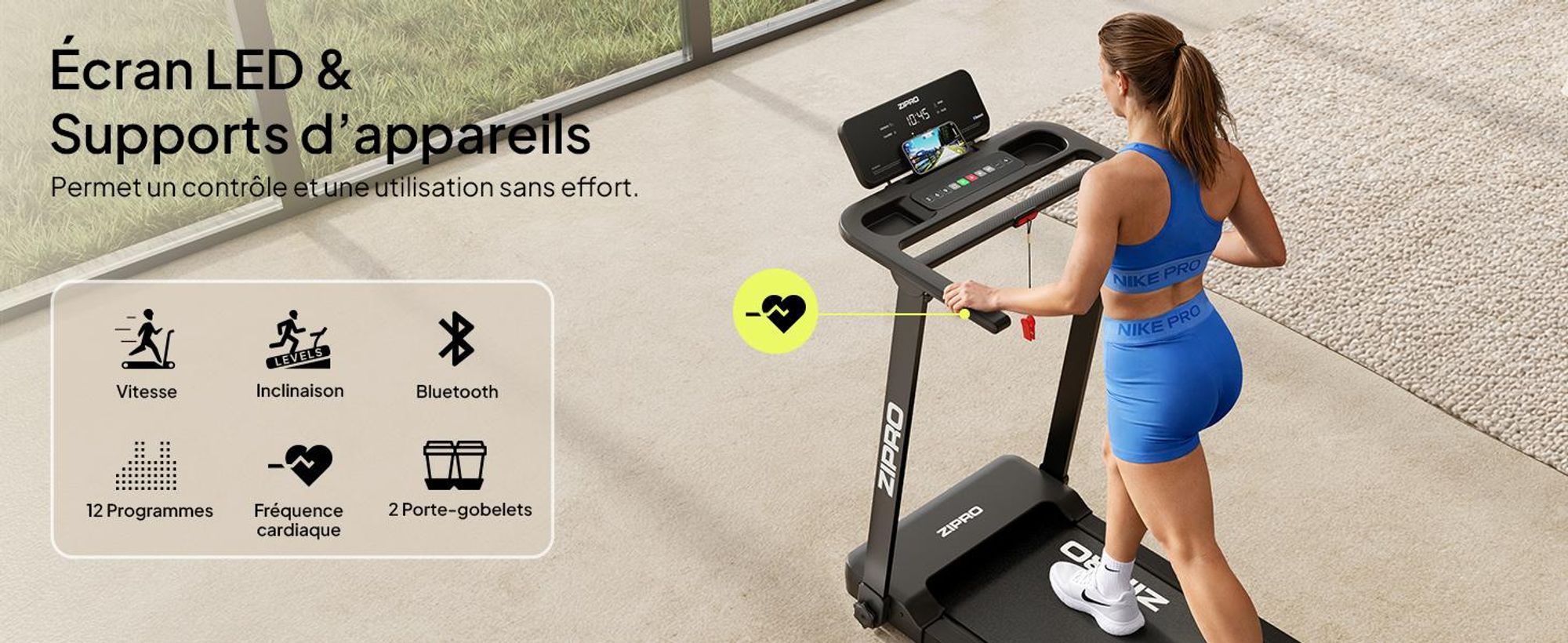 Tapis de course électrique pliable ZIPRO Forma Lite – Design ultra plat, vitesse maximale de 12 km/h et capacité de charge de 120 kg – Compatible avec l'application Bluetooth, tapis de course silencieux