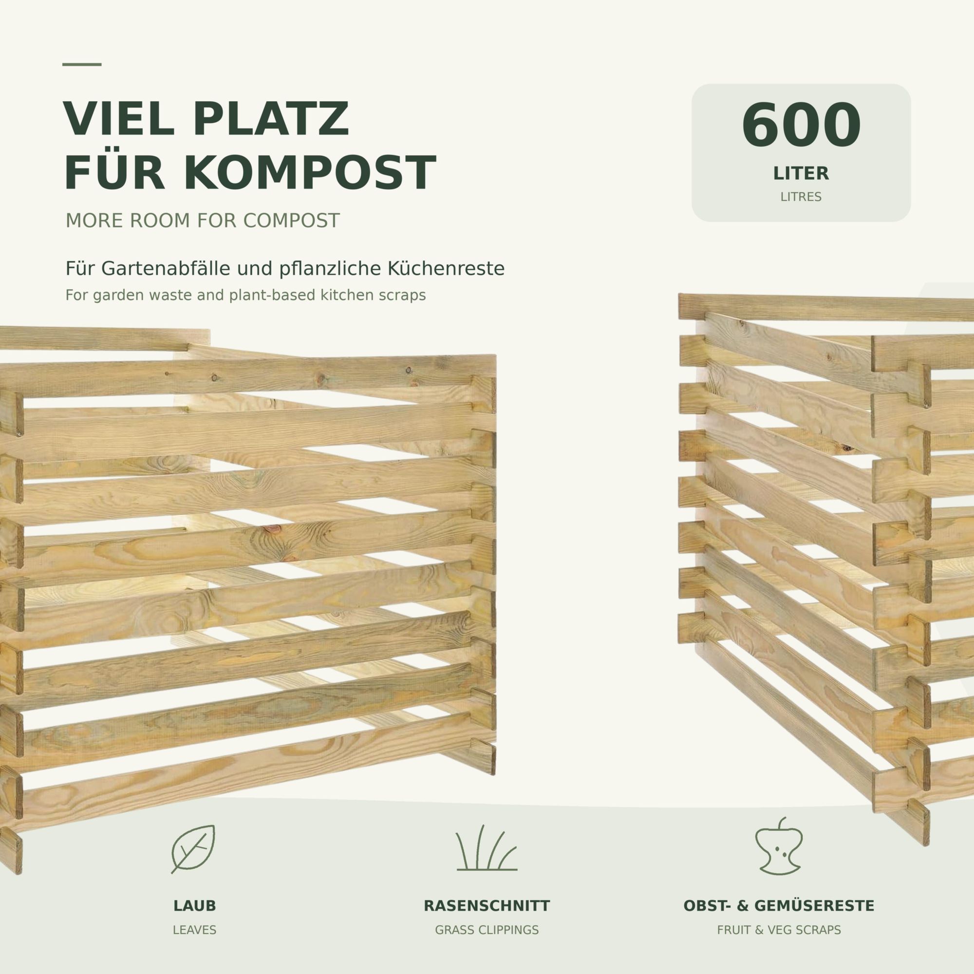 STOLMAK Komposter 600L 100x70x100 cm Kiefernholz Gartenkomposter Witterungsbeständiger Holzkomposter