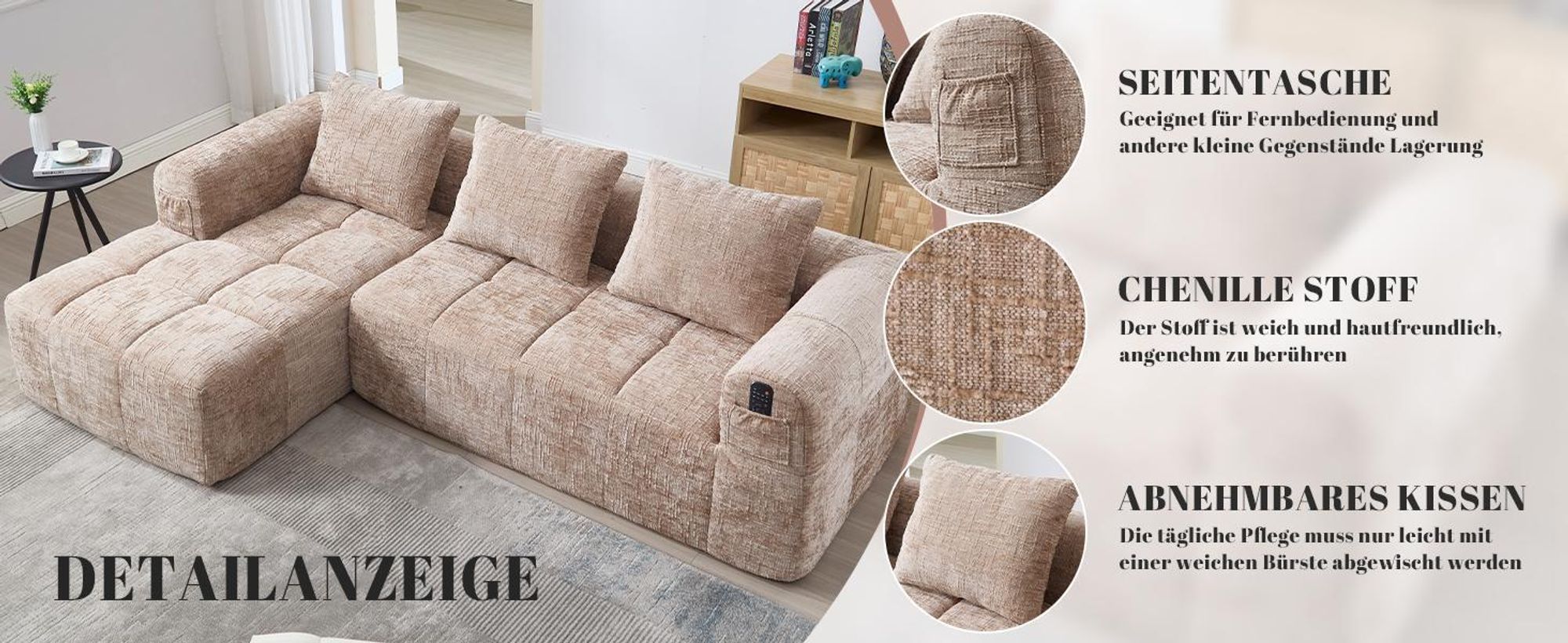 LVHOM Ecksofa mit Schlaffunktion L-Form, Schlafsofa mit Seitentaschen, 3-Sitzer, Wohnzimmersofa, Couch, Bettsofa, Polsterecke Couchgarnitur, Schwarz