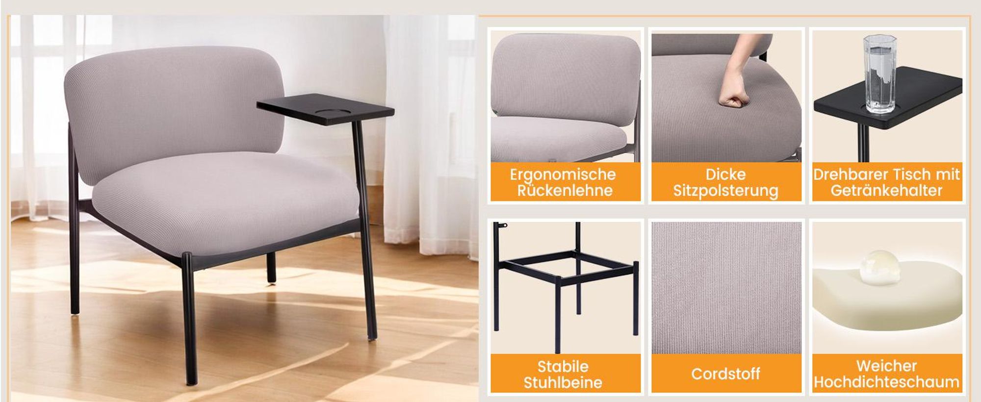 COMHOMA Loungesessel Sessel Relaxsessel Ohrensessel modern, Polsterstuhl mit Metallbeinen, Einzelsofa für Wohnzimmer/Schlafzimmer/Garten, Lila