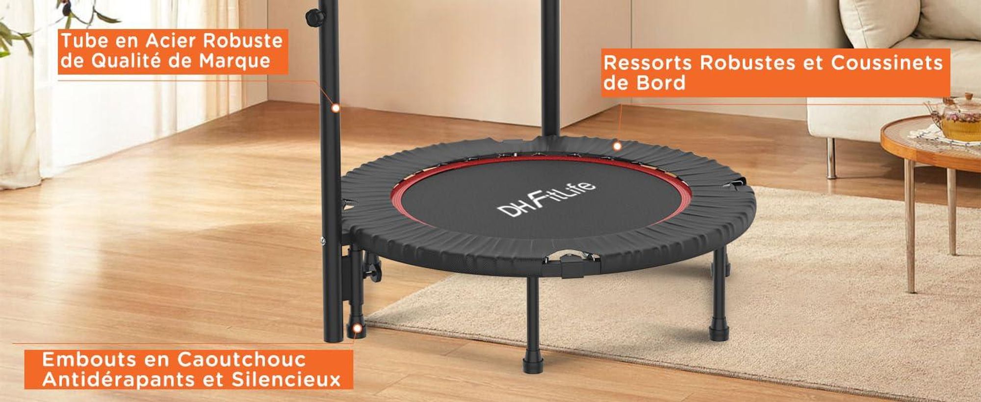 DH FitLife Trampoline de Fitness Pliant Ø102 cm – Capacité 150 KG, 4 Niveaux de Poignée Réglables, Stable pour Enfants et Adultes