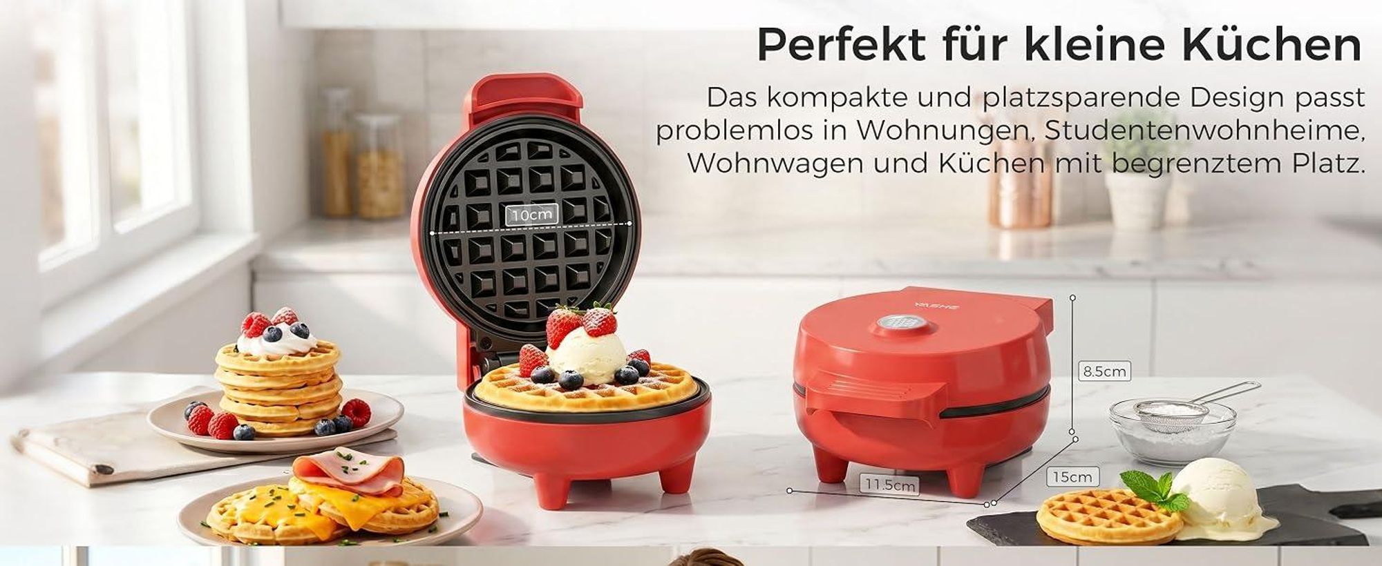 YASHE Mini Waffeleisen 550W, Antihaft-Waffelmaschine, Rot