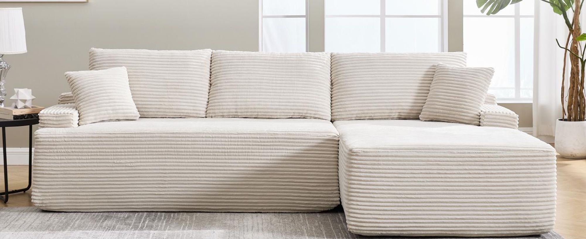Juskys Sofa Coredo - Beige, moderne Couch aus Cord mit Kissen, Ottomane rechts