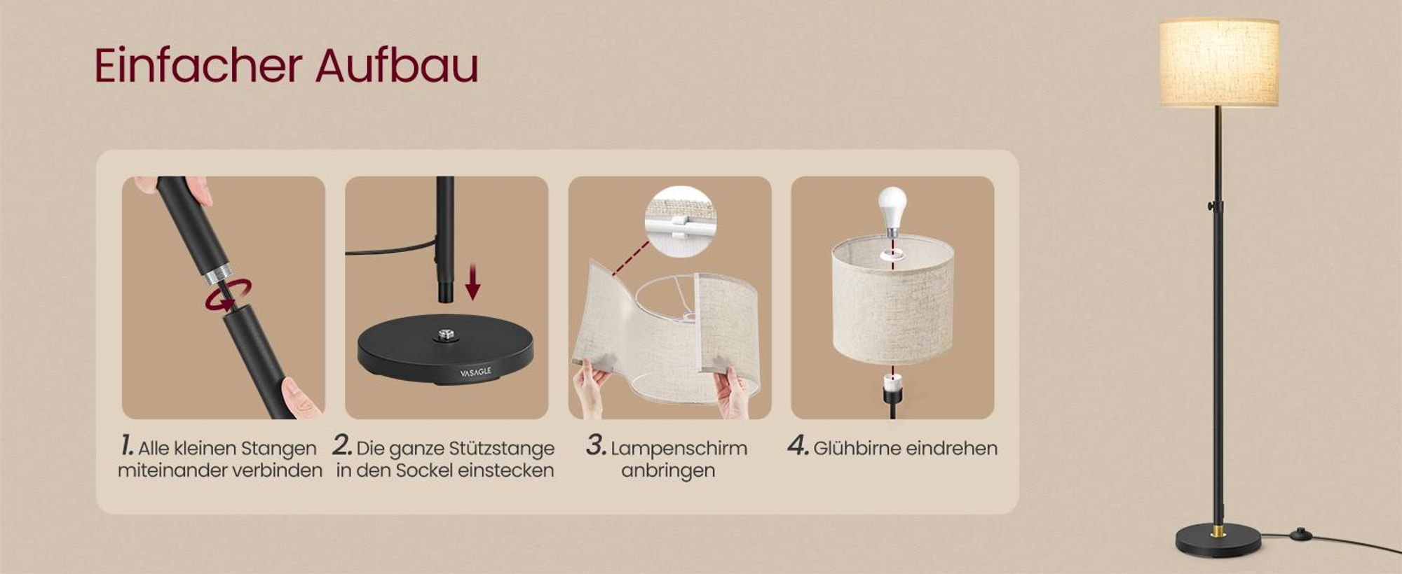 VASAGLE Stehleuchte, Standleuchte, Stehlampe, höhenverstellbare Leselampe, 140-170 cm hoch, modern, mit Fußtaster, Lampenschirm aus Stoff, E27 Fassung