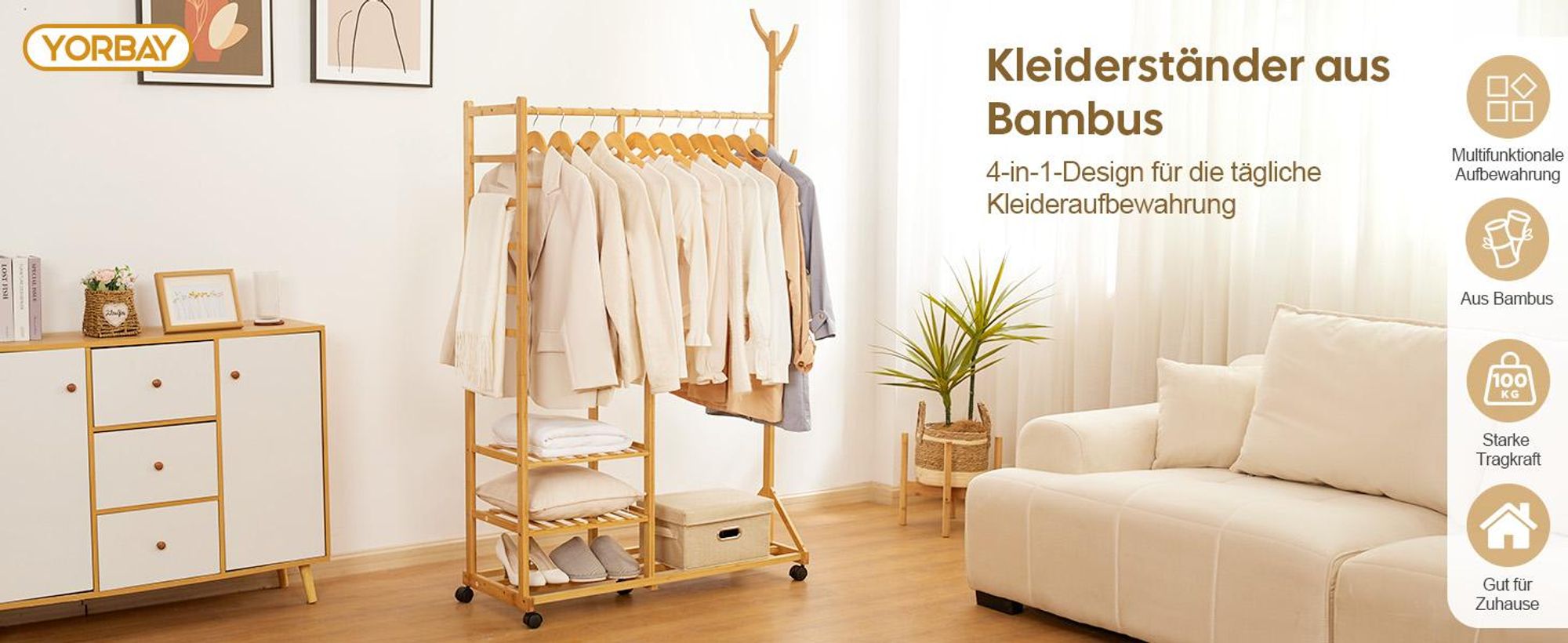 Yorbay Kleiderständer Bambus Garderobenständer mit Kleiderstange und Ablagen, Garderobenständer Garderobe Ständer mit Schuhregal,100 x 38 x 176cm