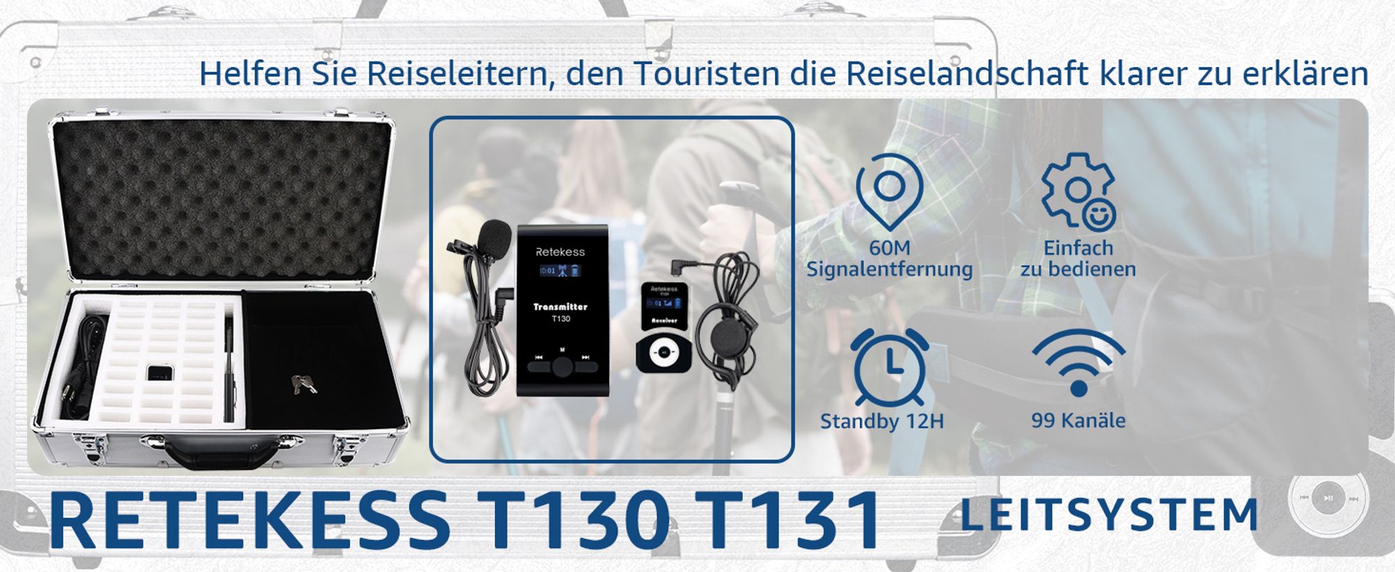 Retekess T130-T131 Tour guide System,60 Meter,99 Kanäle,18H,mit Mikrofon, PLL-Technologie, Geeignet für Reisebüros,Museumbesuche,walkie talkie