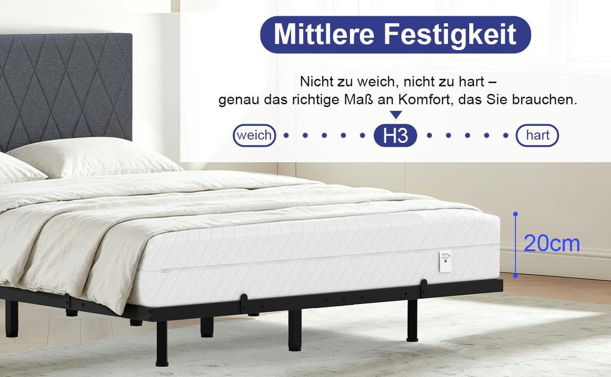 PFCTART Komfortschaummatratze, 140x200 cm, Höhe 20 cm, 7 Zonen, Härtegrad 3, H3, Schaummatratze, Matratze