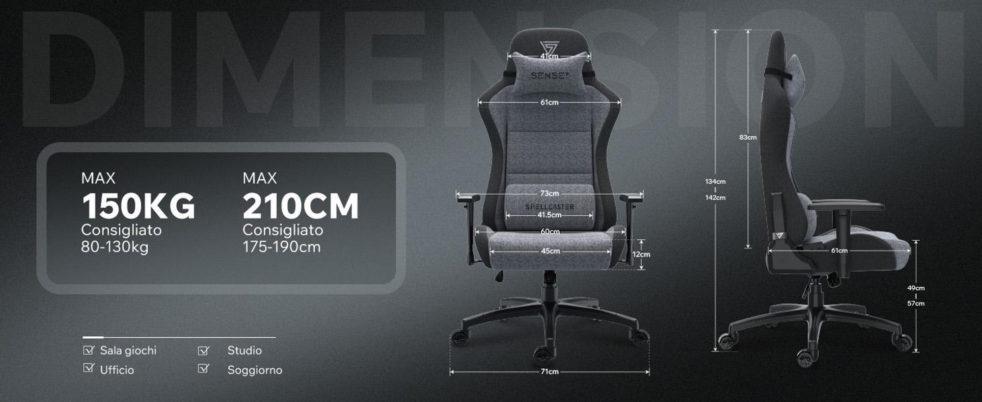 Sedia da gaming SENSE7 Spellcaster FUKU XL, rivestita in tessuto grigio e nero - Sedia ergonomica per ufficio e scrivania, adatta a carichi fino a 150 kg, con funzione reclinabile, ruote per pavimenti duri
