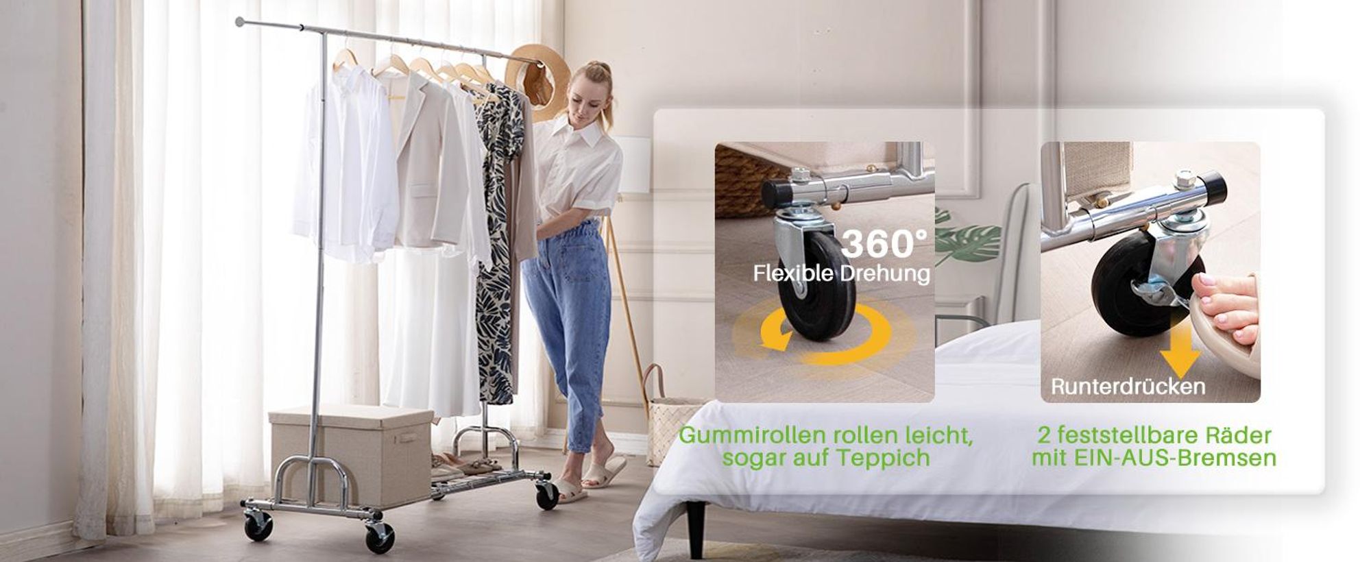 HOKEEPER Kleiderständer mit Einlegeböden, Kapazität 204kg, Kleiderstange auf Rädern, Tragbarer Garderobenständer zum Aufhängen,Chrome
