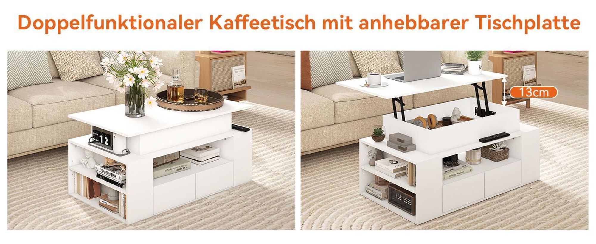 Puluomis Couchtisch mit Schublade, Abhebbarer Tischplatte, RGB Lichtleiste mit App Steuerung Kaffeetisch Schreibtisch Sofatisch für Wohnzimmer weiß