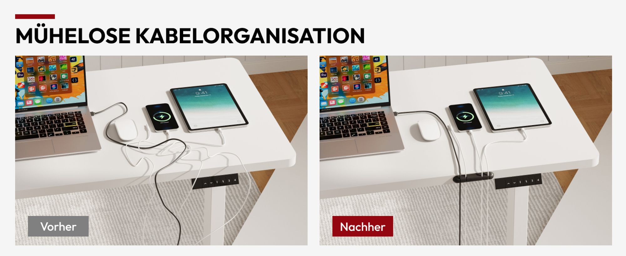 SANODESK Höhenverstellbarer Schreibtisch elektrisch 4 Memory-Funktion, Antikollisionsschutz, 70kg Tragkraft, mit Haken und Ablagebox 110x54cm (Weiß)