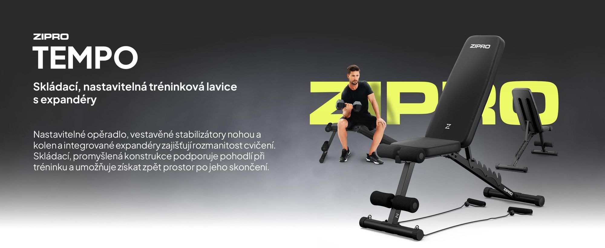 Skládací lavice na činky Zipro Tempo – nastavitelná tréninková lavice pro domácí použití, šikmá lavice, negativní lavice s expandéry, nosnost 230 kg, ideální pro činky