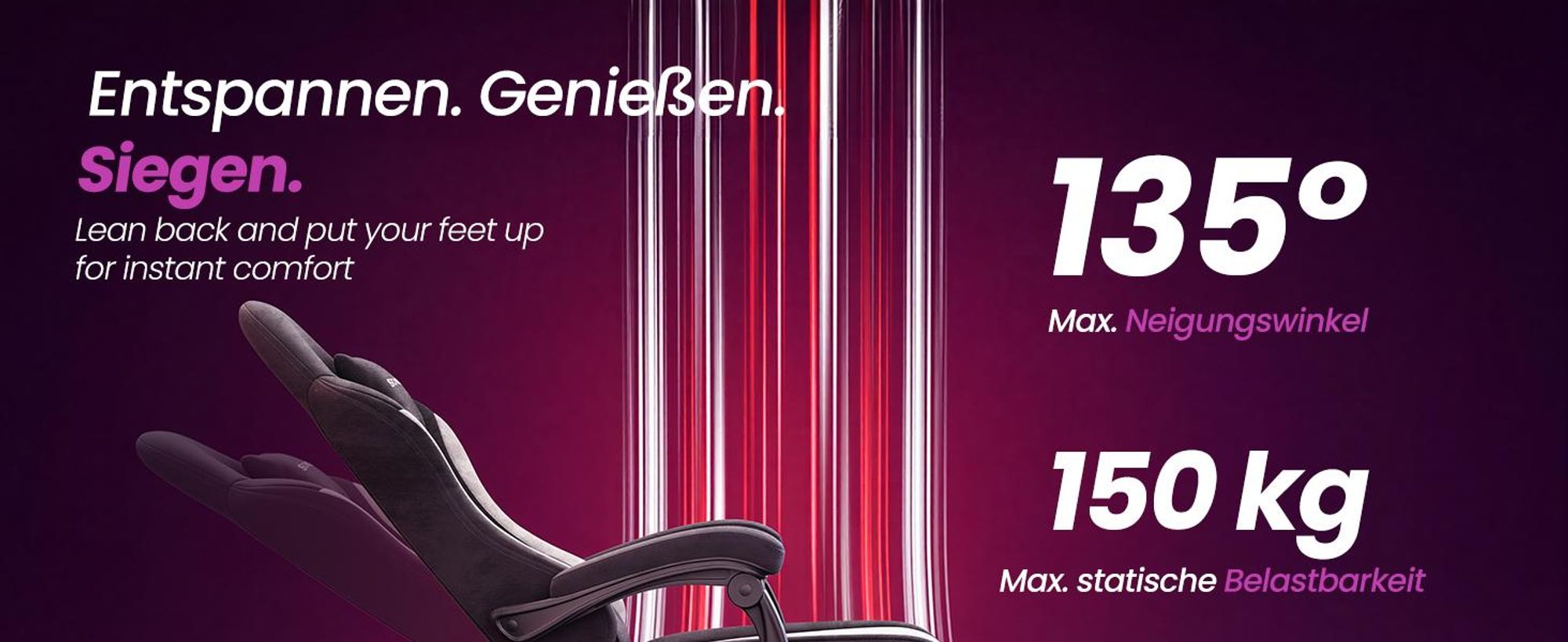 SONGMICS Gaming Stuhl, Ergonomischer Bürostuhl aus Polyester, mit Fußstütze und Lendenkissen, 135° Neigung, 70 x 70 x (120-130) cm, Schwarz und Weiß