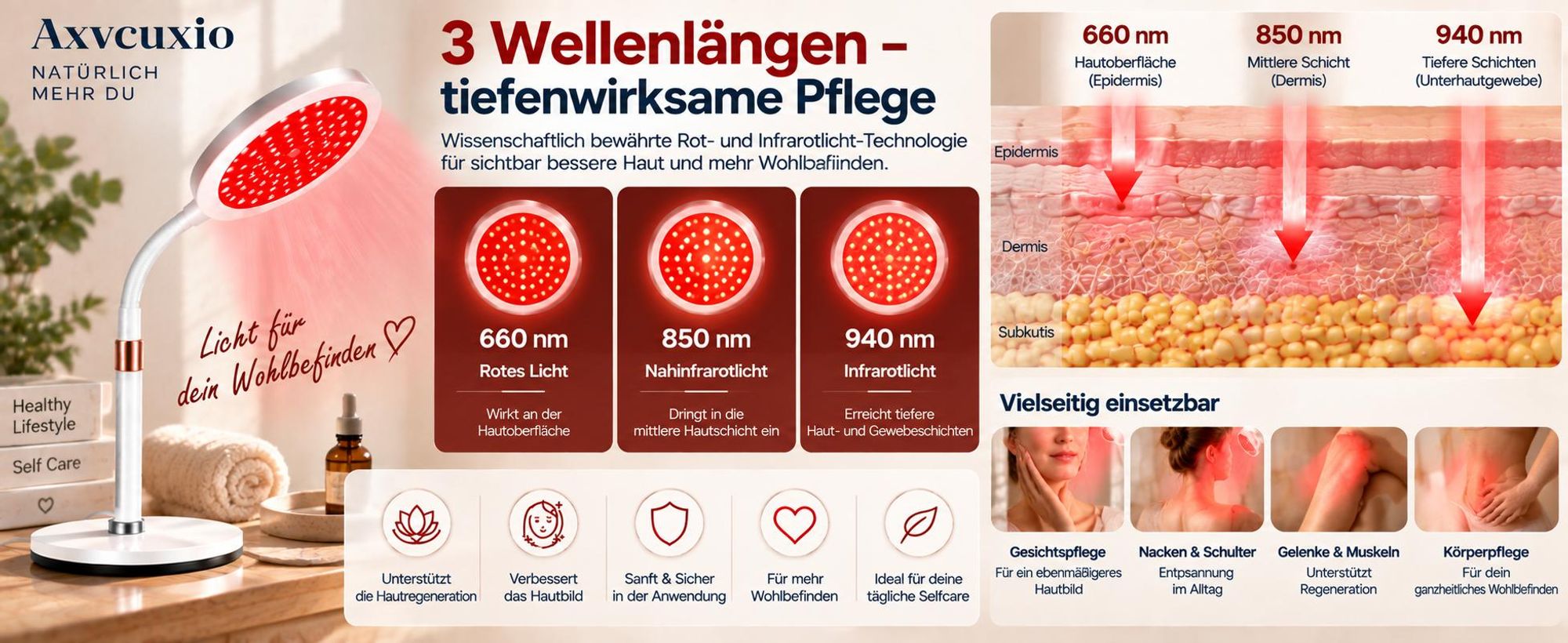 3-in-1 Rotlichtlampe,660nm rotem Licht & 850nm & 940nm Nahinfrarot-Lichttherapiegeräte mit Timer,10 Helligkeitsstufen,Höhenverstellbare LED-Nachtlampe