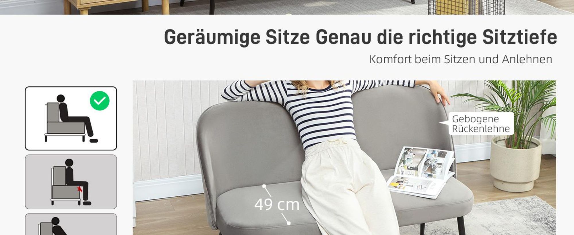 HOMCOM Sofa 2-Sitzer kleine Couch 127 cm mit Samtoptik, geschwungene Rückenlehne