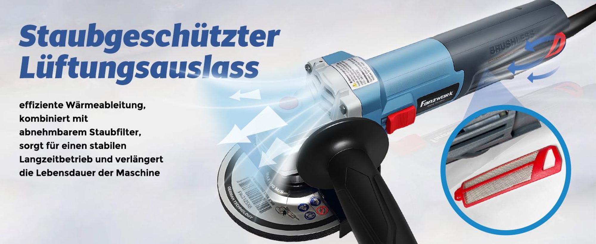Betonschleifer Winkelschleifer Set max. 1900 W mit bürstenlosem EC-Motor, Betonfräse inkl. 125 mm Diamantschleiftopf, Absaughaube und Tragkoffer