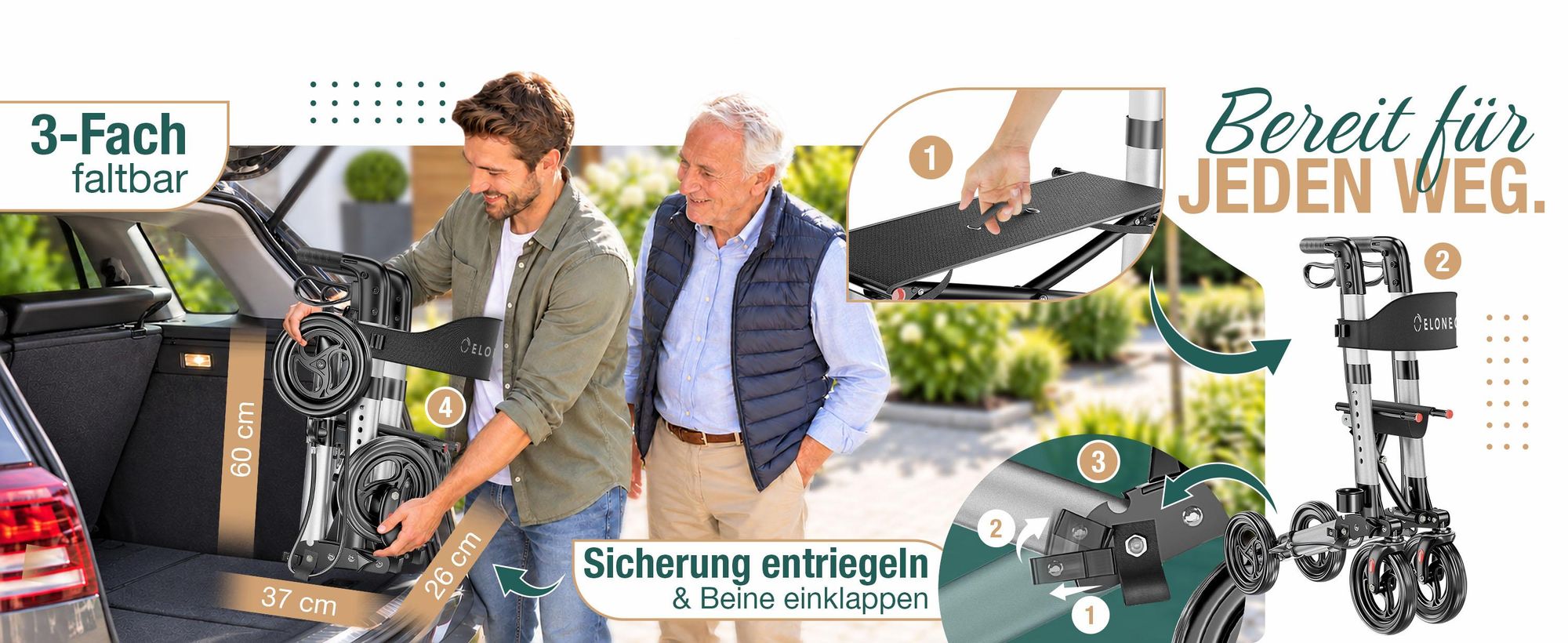 ELONEO Rollator faltbar und leicht mit Sitz, Leichtgewicht-Reiserollator aus Aluminium, Gehhilfe 8-fach höhenverstellbar, Laufhilfe 3-fach faltbar