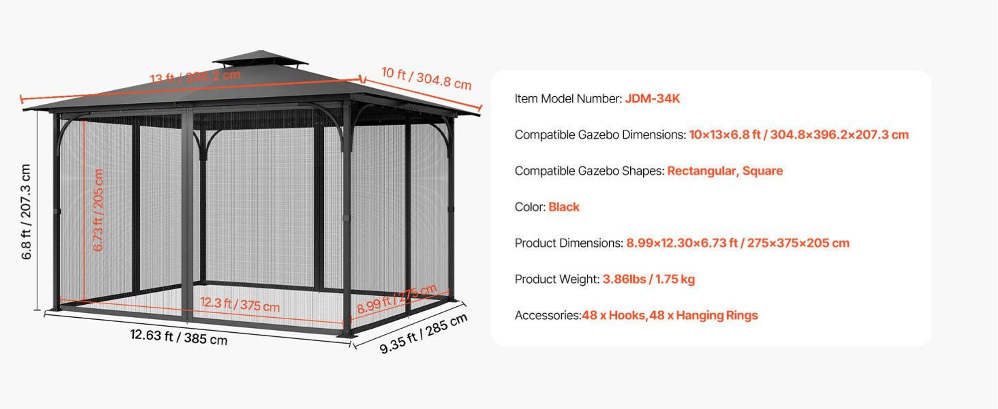 VEVOR Moskitonetz für Pavillon, Mückennetz, passend für 304,8x396,2x207,3 cm große Pavillons, Insektenschutz, 4-teiliger Seitenwand-Pavillonvorhang