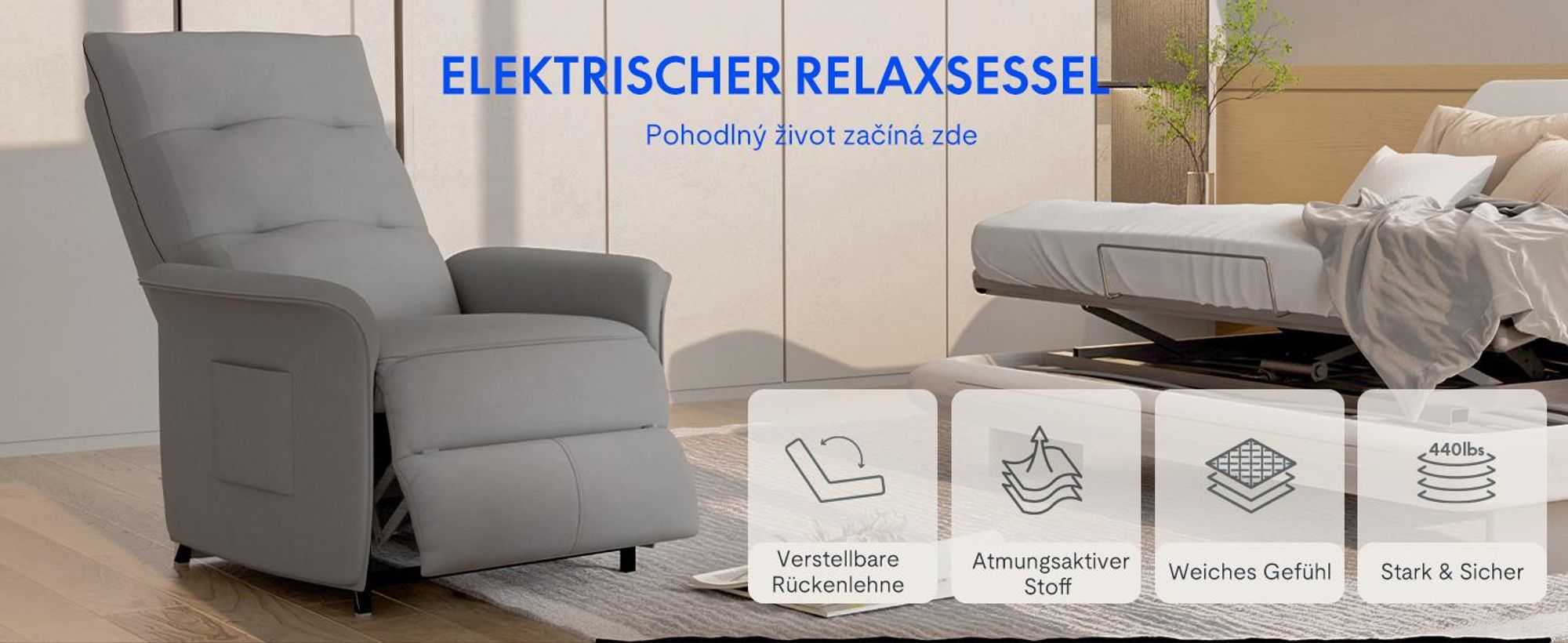 Elektrické relaxační křeslo FLEXISPOT s funkcí sklopení v úhlu 105°–155°, ergonomické lehátko s podnožkou, křeslo na sledování televize s nosností až 200 kg, tmavě šedé