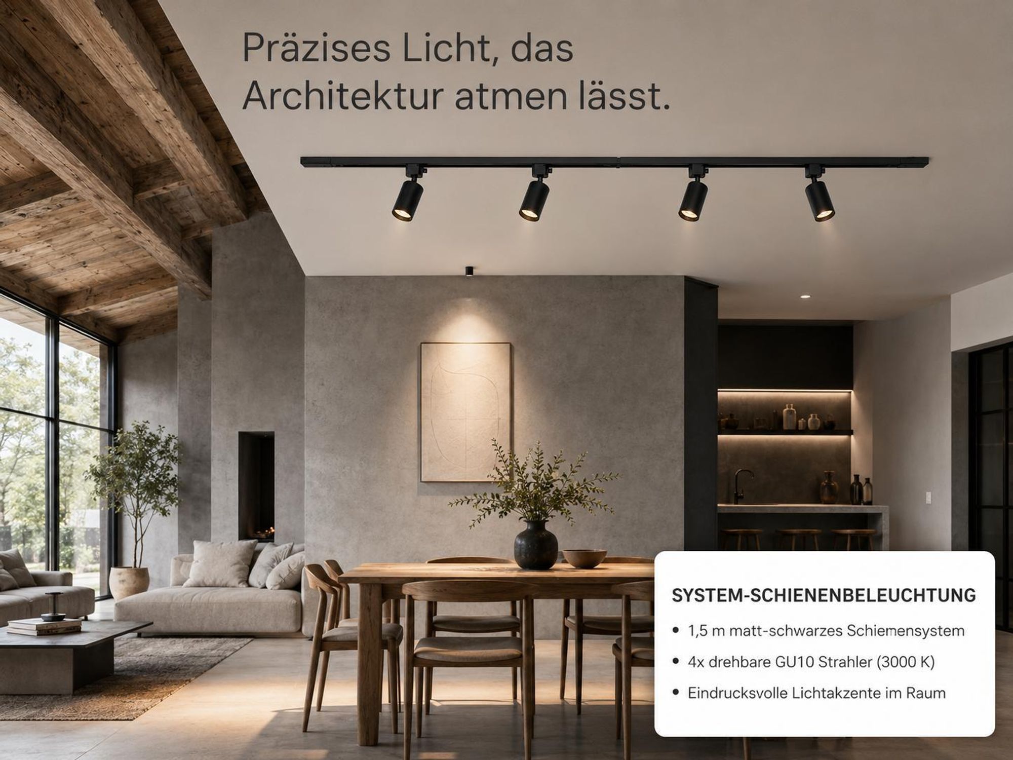 LED Deckenstrahler Schwarz 4 Flammig Spots Decke 1.5m Schienensystem Set Deckenlampe Deckenspot Schwenkbar inkl. 4x GU10 Leuchtmittel