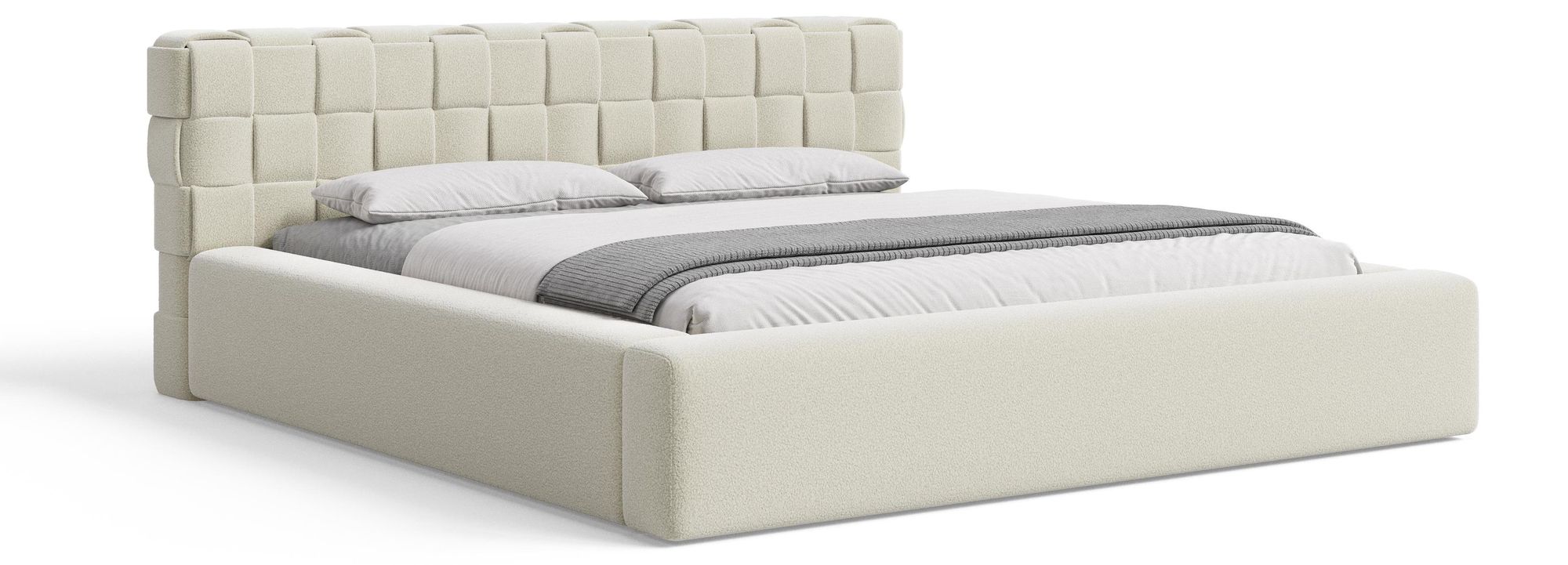 Chilly Möbel Design Bett Cube - Geometrisches Polsterbett mit Stauraum, Lattenrost und stabilem Metallrahmen 180x200 cm / Bouclé / Beige