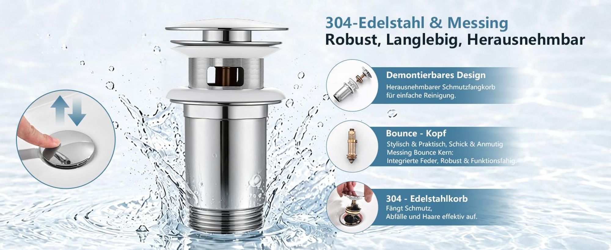 Homelody Wasserhahn Bad Chrom+Universal Ablaufgarnitur Chrom, Armatur Mischbatterie Waschbeckenarmatur mit Pop-Up Ventil Edelstahl Messing